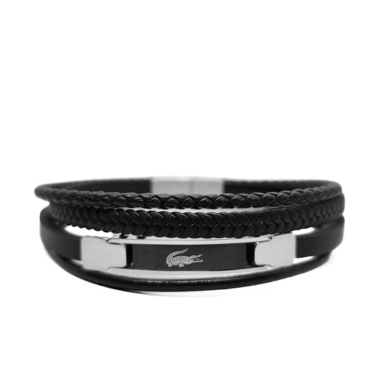 Black braided leather bracelet with silver-tone clasp and small cutout emblem center