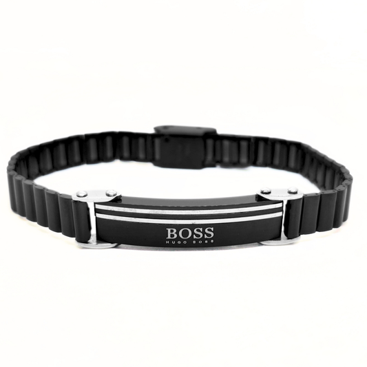 Men's all black stainless steel bracelet with silver-striped center plate, front view, B-207, Overpowered Accessories