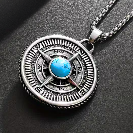 Silver-tone compass pendant necklace, round rosette with blue turquoise gem and etched details