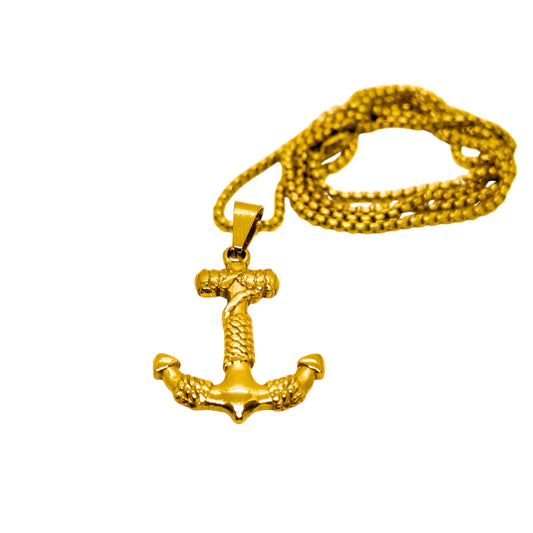 Gold steel anchor pendant necklace with braided chain and lobster clasp