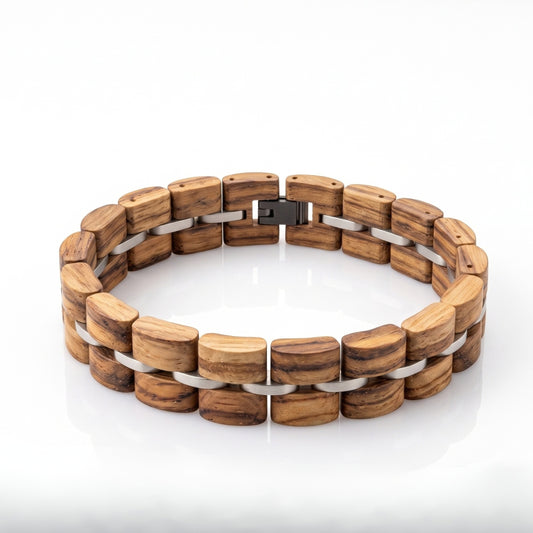 Zebrawood beaded bracelet with silver metal links on white background, Overpowered Accessories