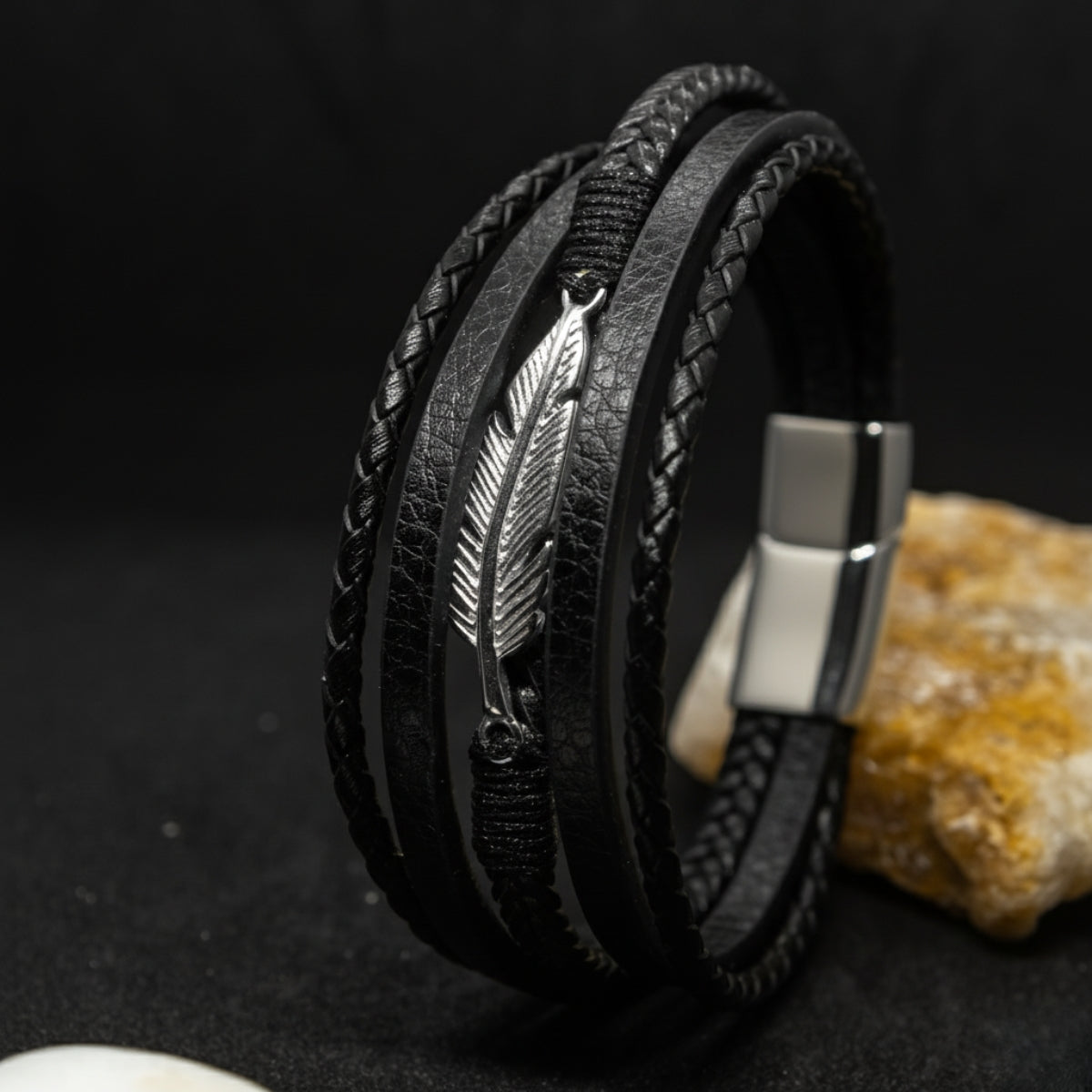 Black Leather & Silver Stainless Steel Feather - B-13 Bracelet | Men's - Overpowered Accessories Egypt