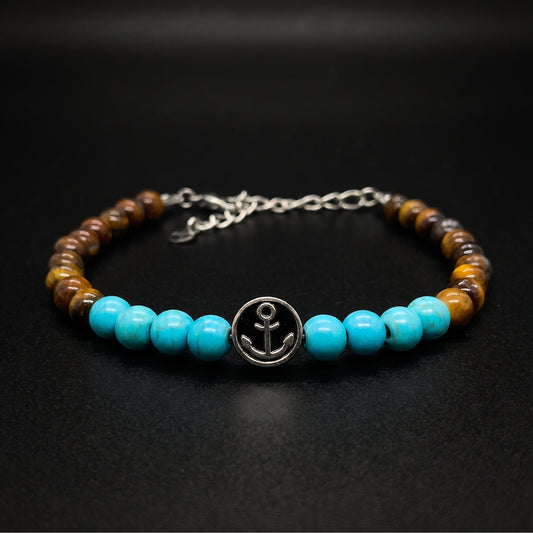 Men's tiger eye and turquoise bead anchor bracelet with silver-tone anchor medallion