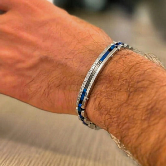 Two-Tone Silver & Blue Stainless Steel - B-39 Bracelet | Men's - Overpowered Accessories Egypt