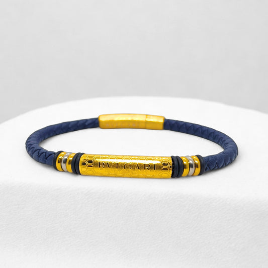 Blue Leather B-108 | Gold Steel Bracelet - Overpowered Accessories | Egypt
