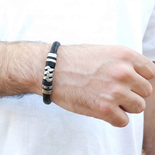 Luxury Black Leather & Silver Stainless Steel - B-118 Bracelet | Men's - Overpowered Accessories Egypt