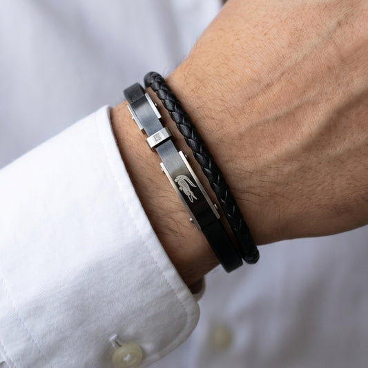 Premium Leather - B-143 Bracelet by Overpowered Accessories, featuring a sleek black braided design and metal accents on a wr