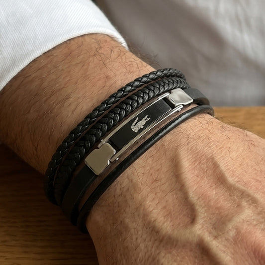 Premium Black Leather B-152 Bracelet by Overpowered Accessories, featuring braided and smooth leather with a silver clasp.