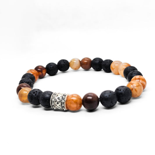 Natural Agate & Lava G-19 Stone Bracelet features a mix of black lava and warm-toned agate beads with a decorative silver acc
