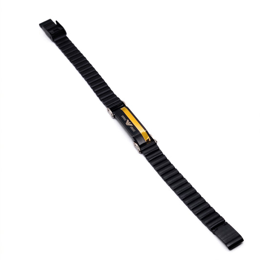 Men's black link ID bracelet with gold stripe and watch-style band, adjustable end