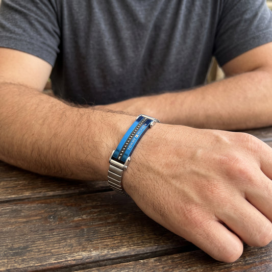 Men's stainless steel ID link bracelet with blue center strip and watch clasp