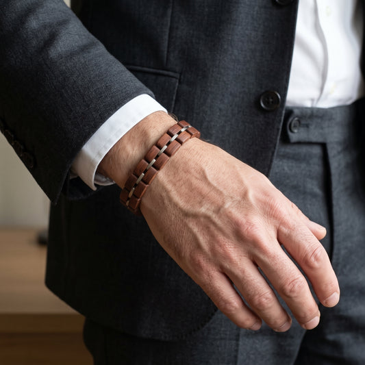 Men's rosewood bracelet with dark brown wooden links and silver metal bars, adjustable