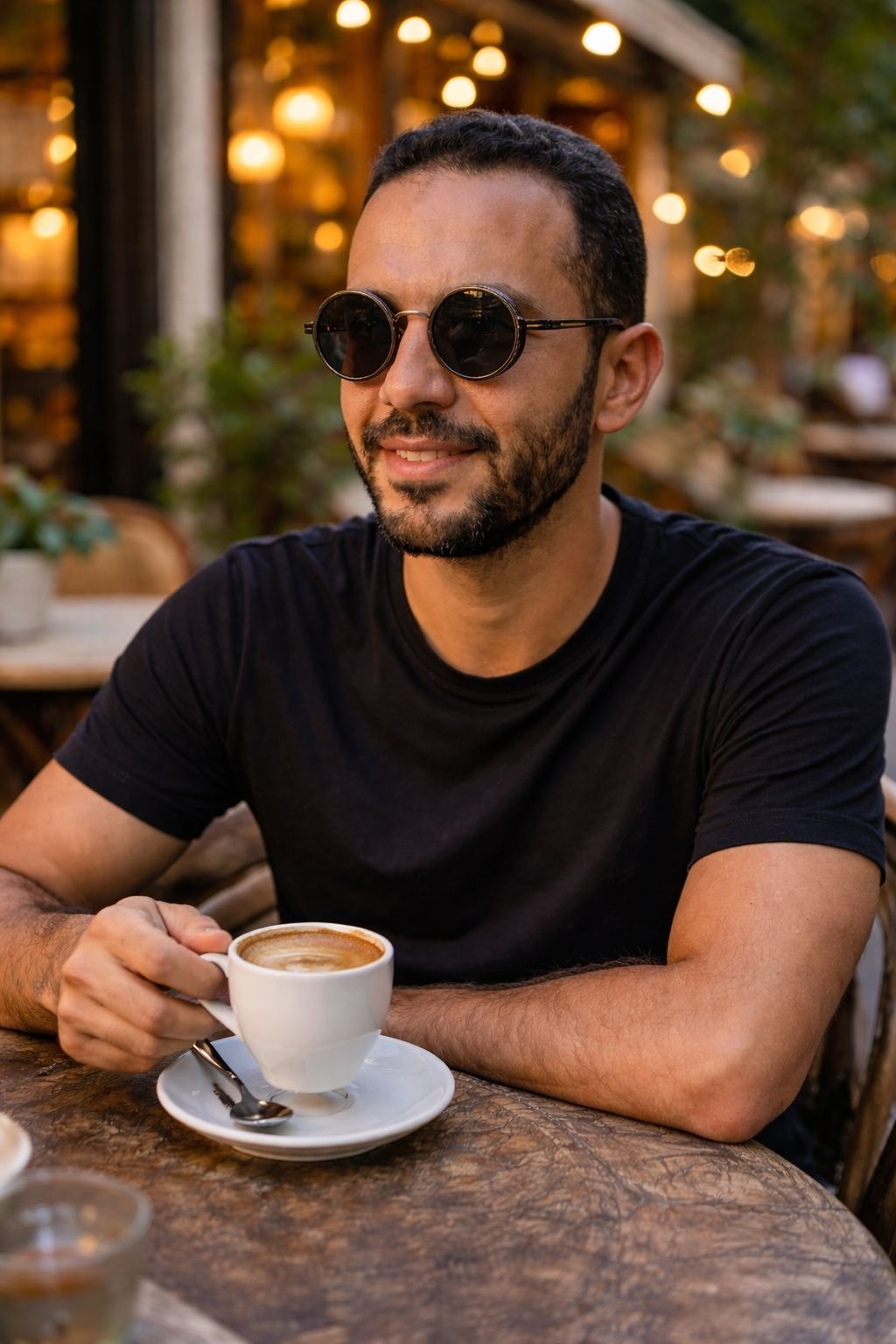 Men's Titan Zenith Bundle B-124 SG-001 featuring sunglasses and a bracelet, with a man enjoying coffee outdoors.