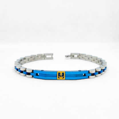 Blue and silver stainless steel men's bracelet featuring an anchor design in the center. Stylish and modern accessory.