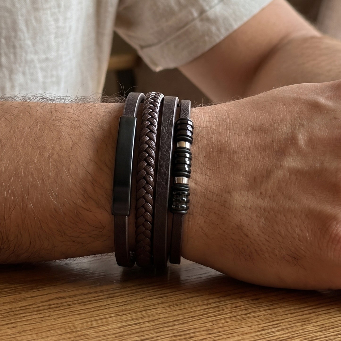 Brown Leather & Two-Tone Black/Brown Stainless Steel - B-81 Bracelet | Men's - Overpowered Accessories Egypt