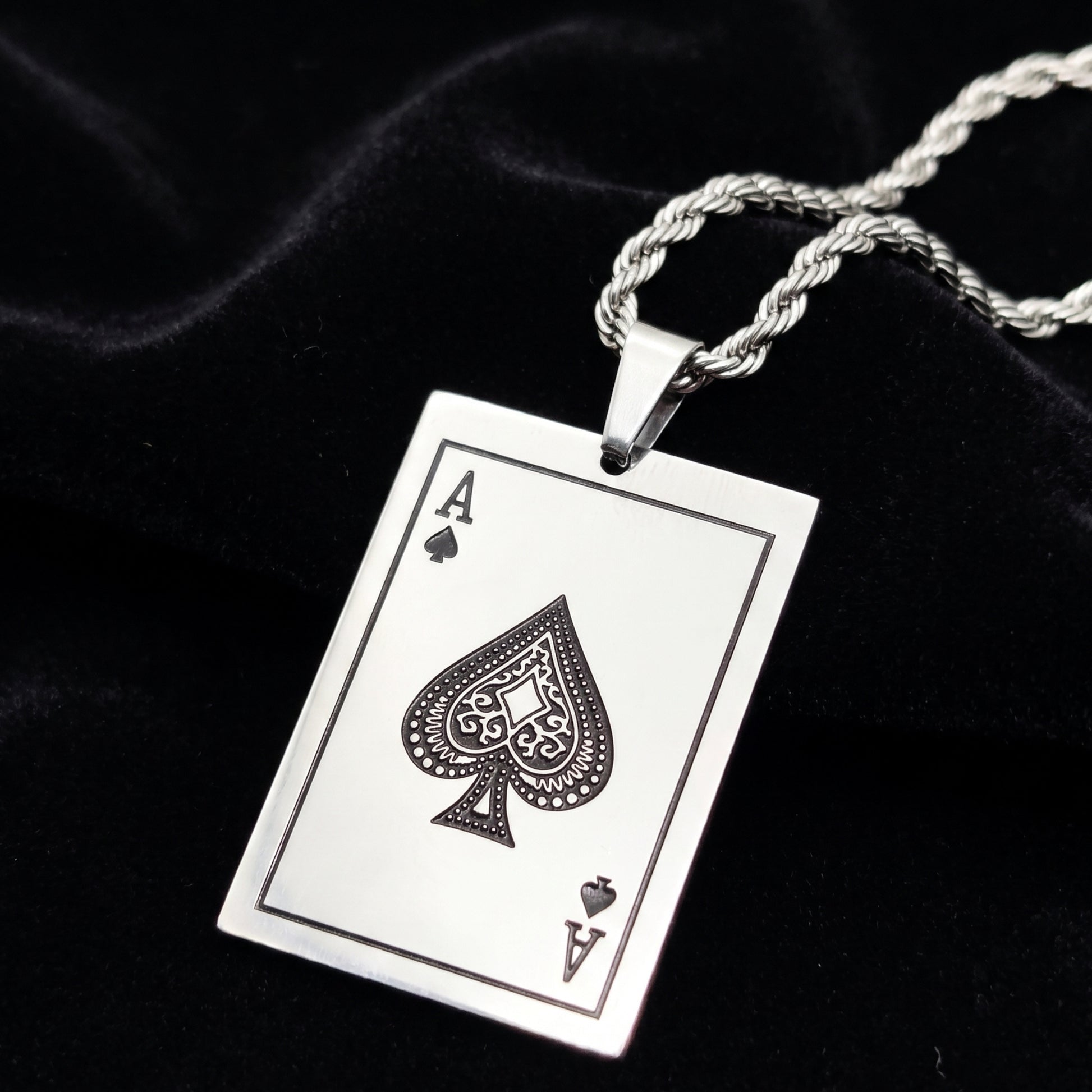 Ace of Spades pendant on silver chain, square frame with top bail