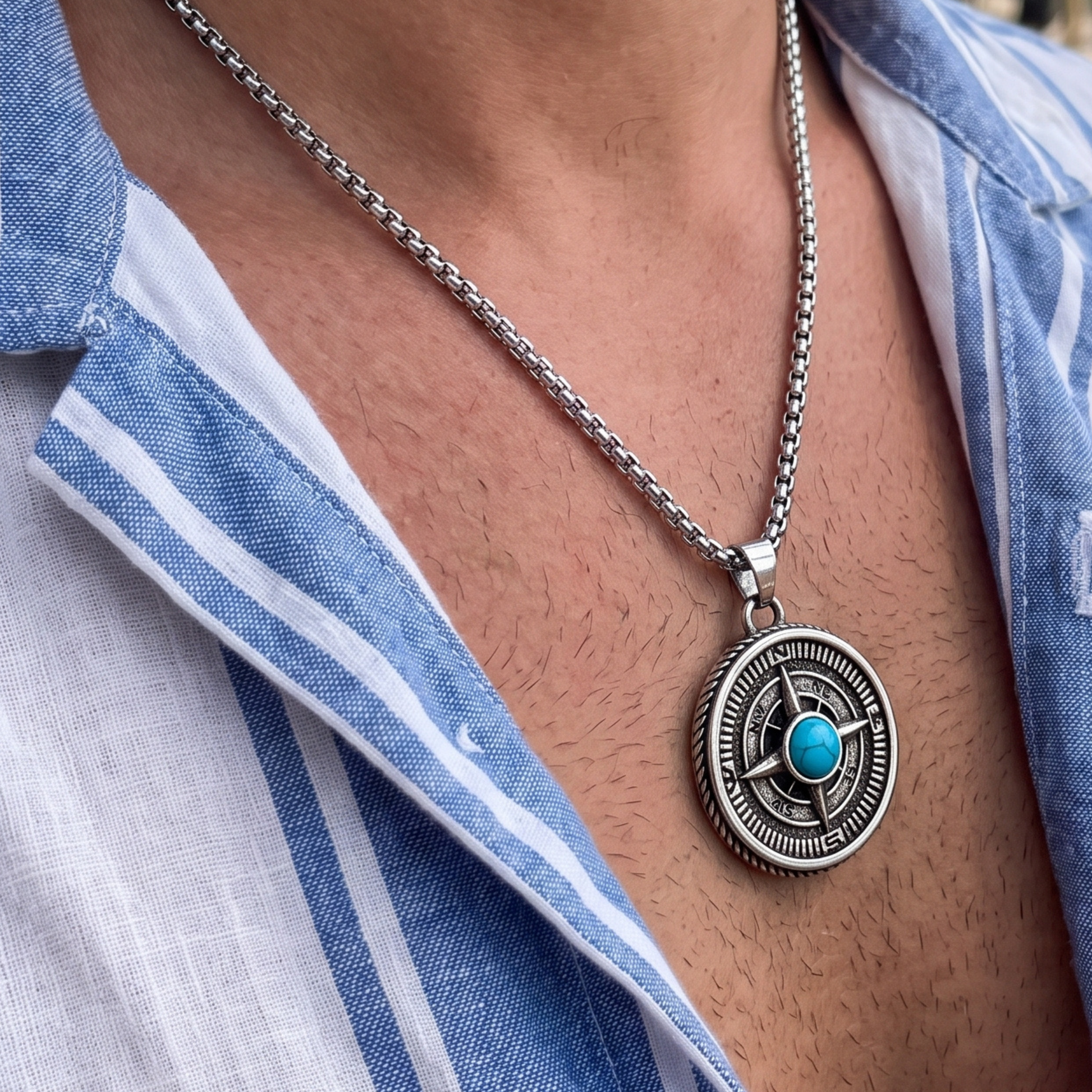 Compass pendant necklace, close view of round silver medallion with blue turquoise center