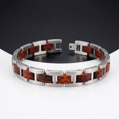 Luxury Natural Rosewood & Silver Stainless Steel Bracelet - B-188 | Men's - Overpowered Accessories