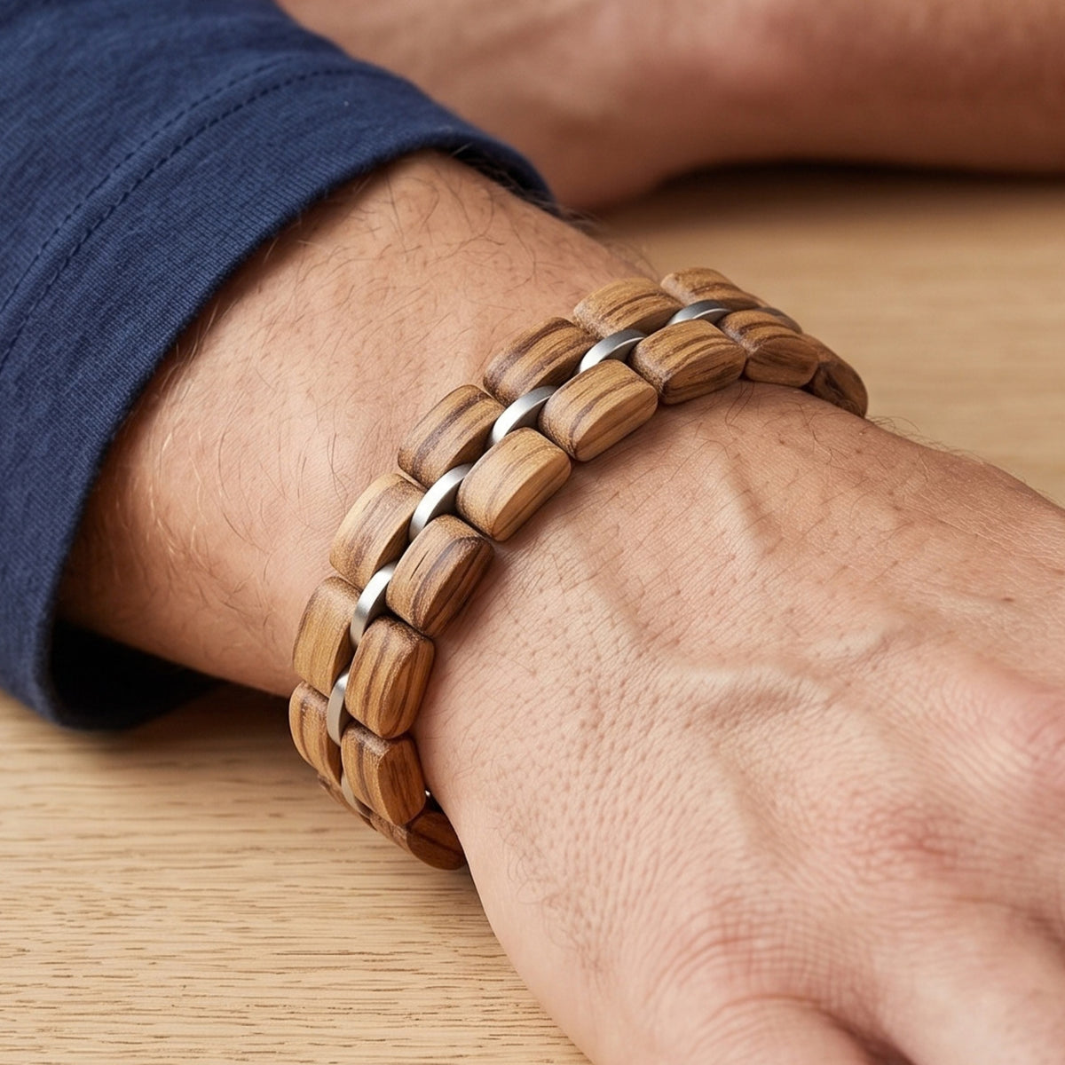 Zebrawood bracelet on wrist with alternating light wood and silver links, Overpowered Accessories