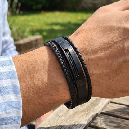Premium Black Leather Bracelet - B-181 | Men's - Overpowered Accessories
