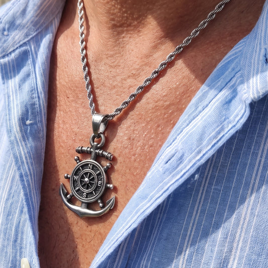 Anchor and compass pendant necklace with chain, silver-tone metal charm