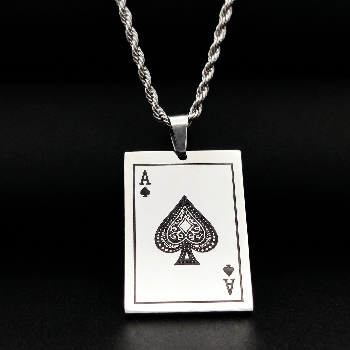 Square Ace of Spades card pendant necklace with silver bail and chain