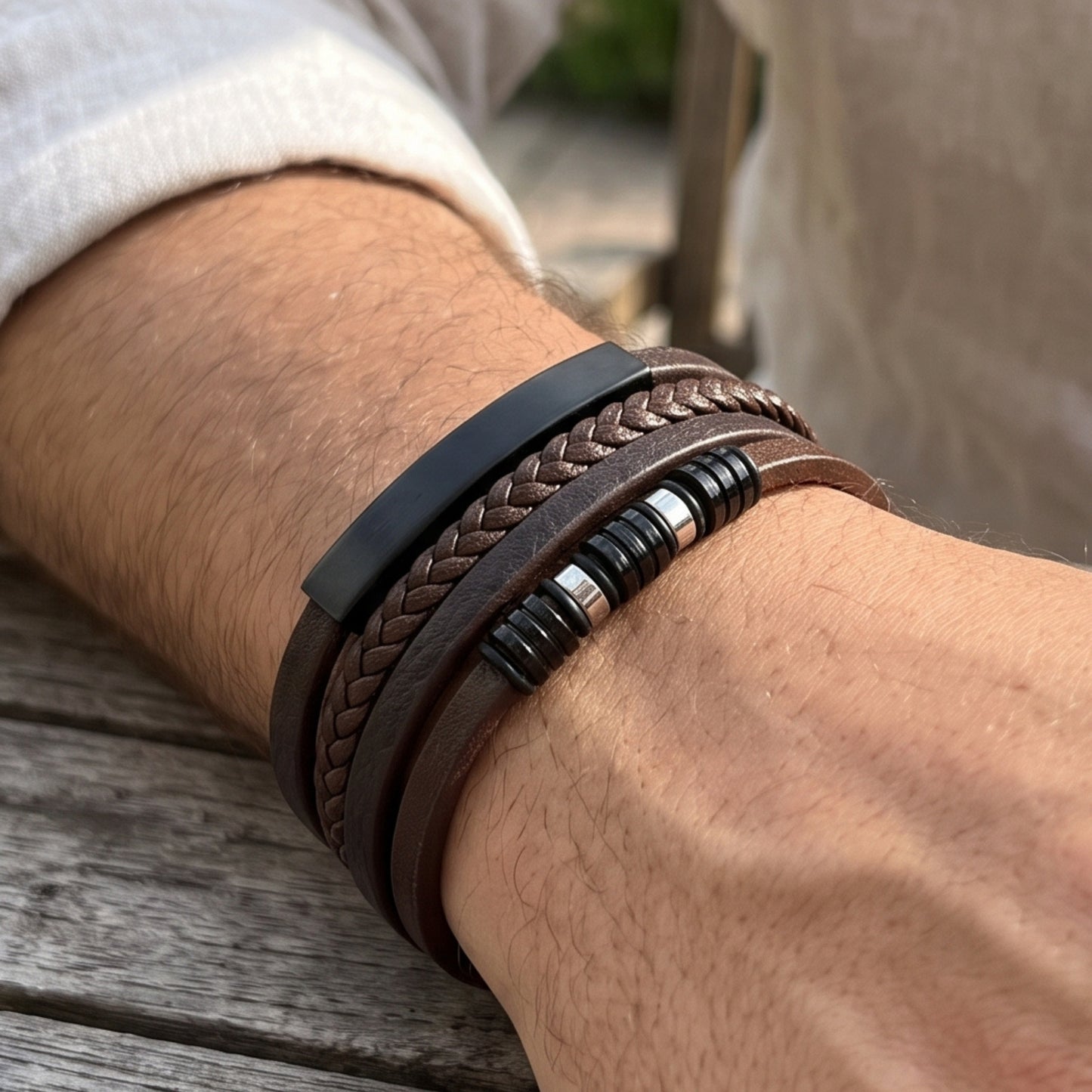 Brown Leather & Two-Tone Black/Brown Stainless Steel - B-81 Bracelet | Men's - Overpowered Accessories Egypt