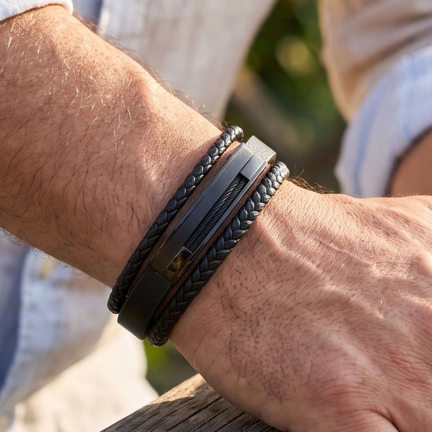 Premium Black Leather Bracelet - B-181 | Men's - Overpowered Accessories
