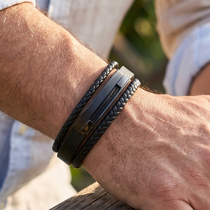 Premium Black Leather Bracelet - B-181 | Men's - Overpowered Accessories