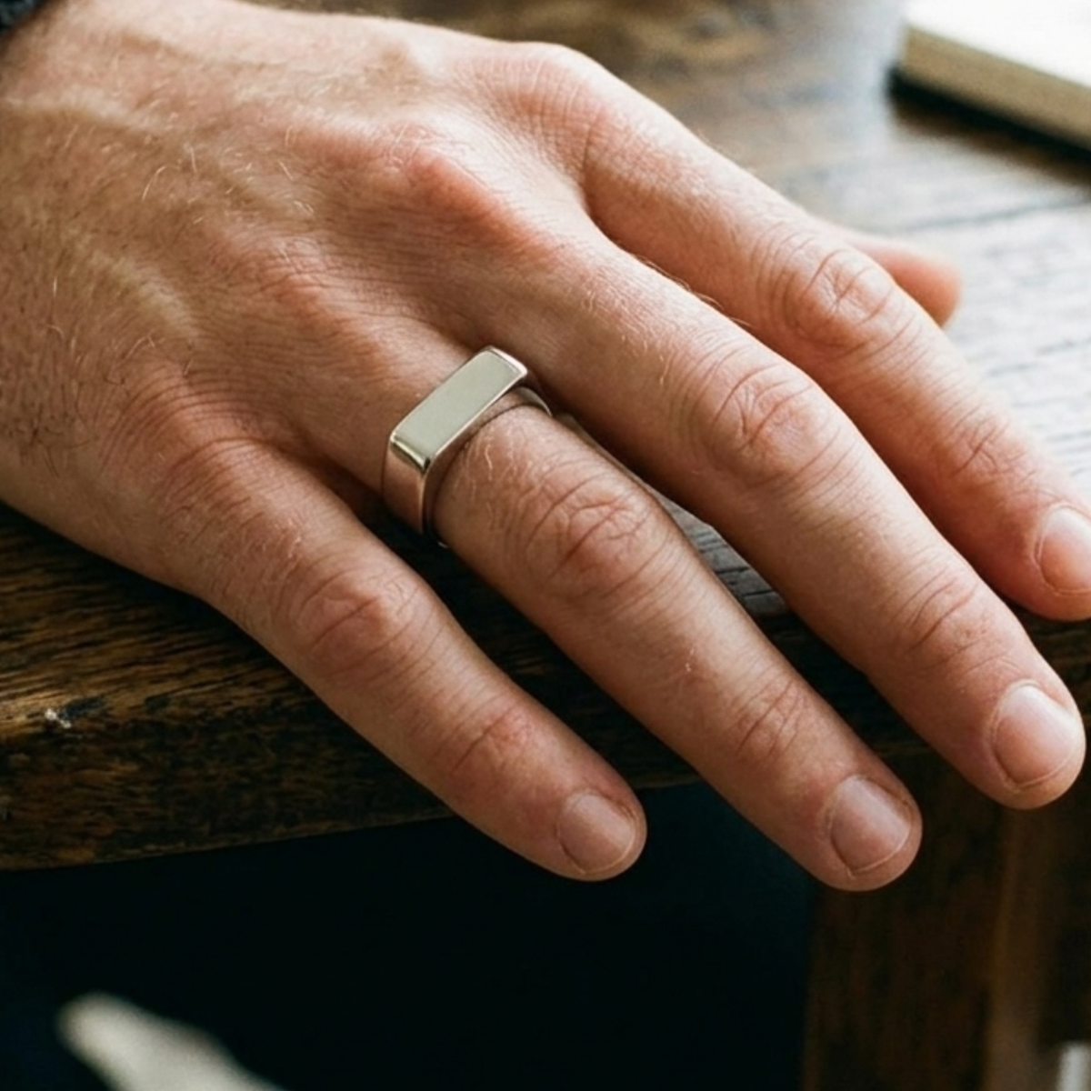 R-9 men's signet ring in polished stainless steel, everyday wear