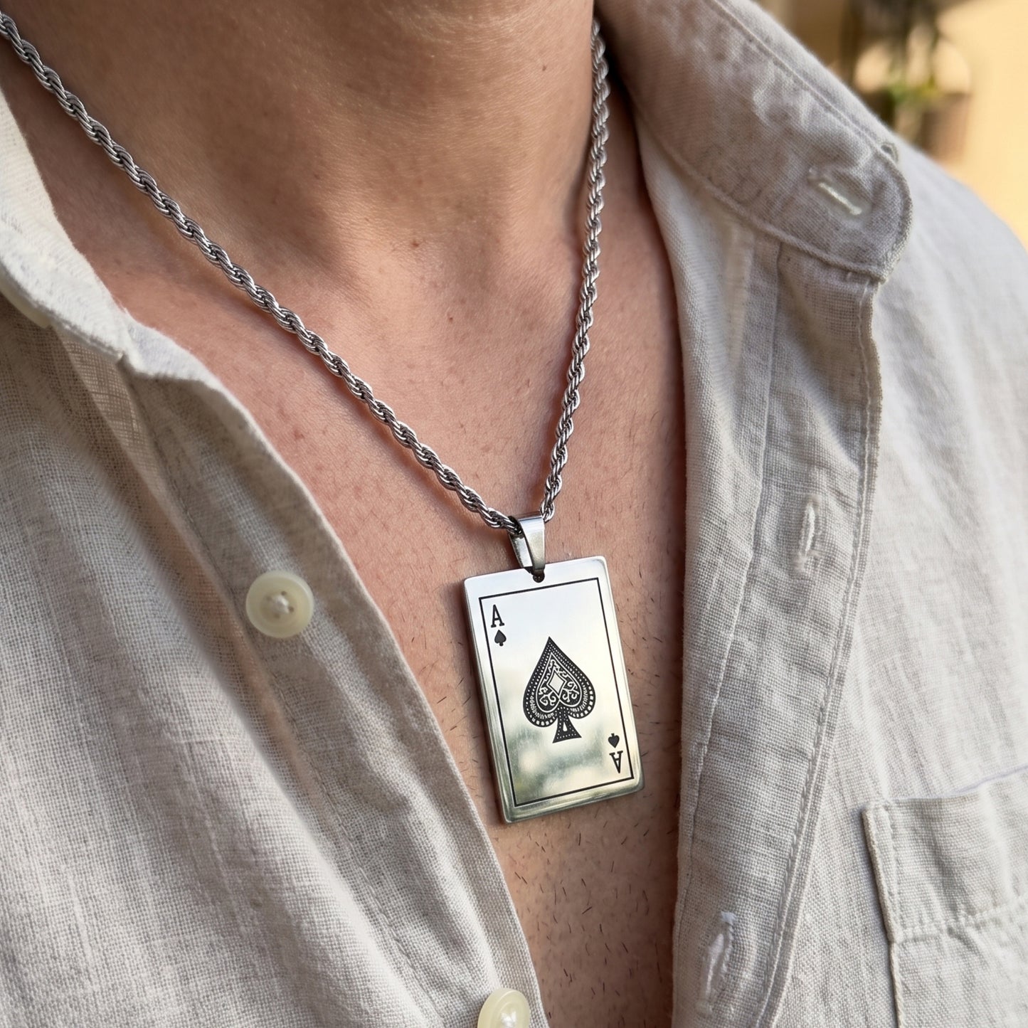 Silver chain necklace with square Ace of spades card pendant