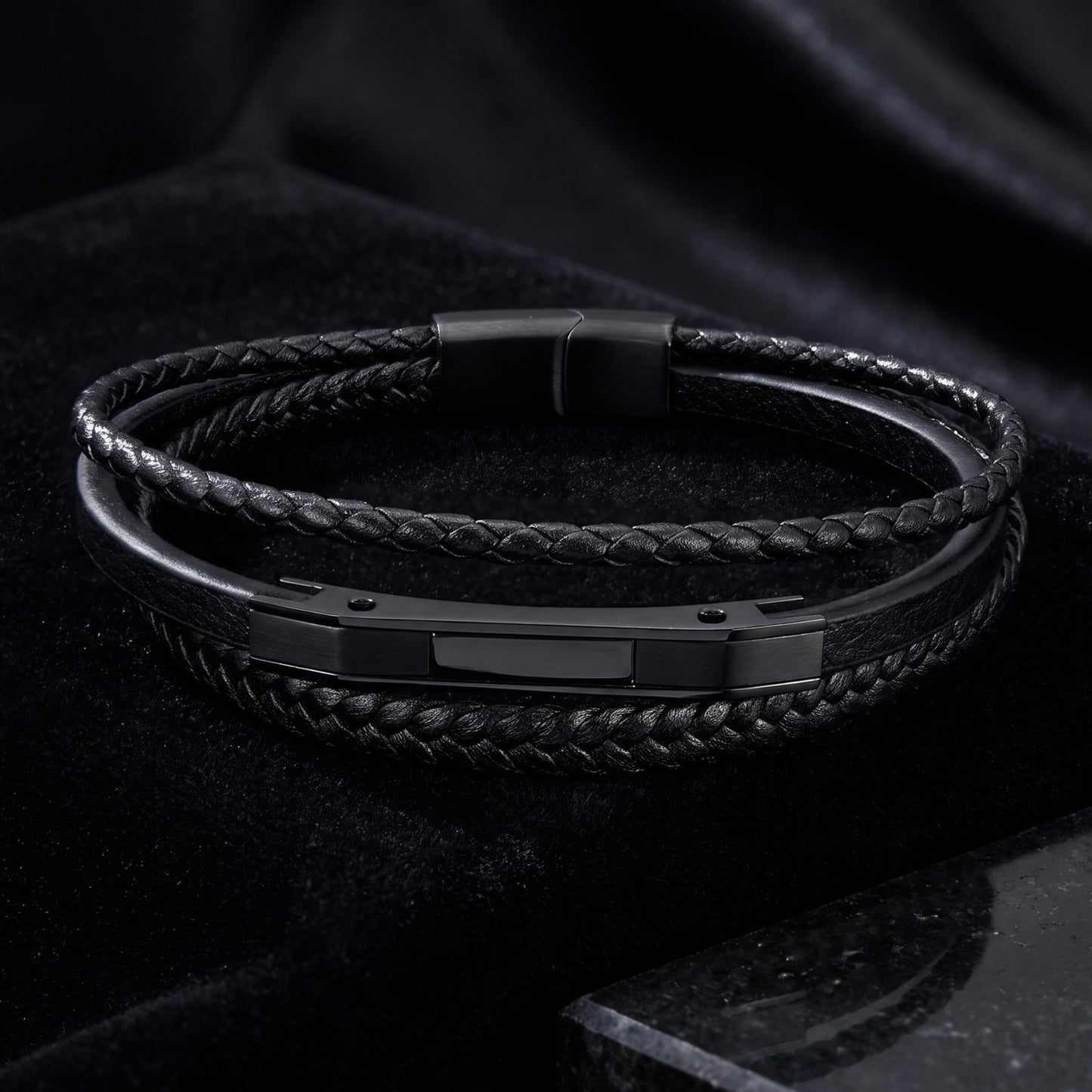 Premium Black Leather Bracelet - B-182 | Men's - Overpowered Accessories