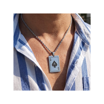 Blue striped shirt with silver chain necklace and square Ace of spades pendant