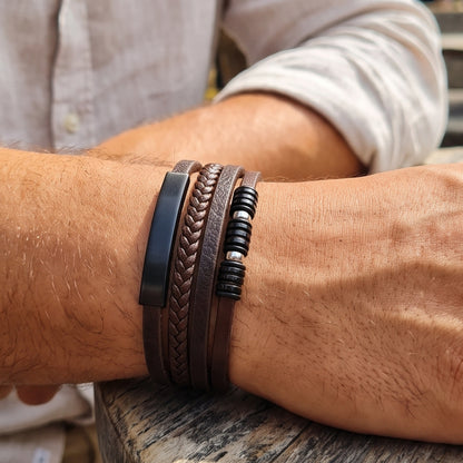Brown Leather & Two-Tone Black/Brown Stainless Steel - B-81 Bracelet | Men's - Overpowered Accessories Egypt