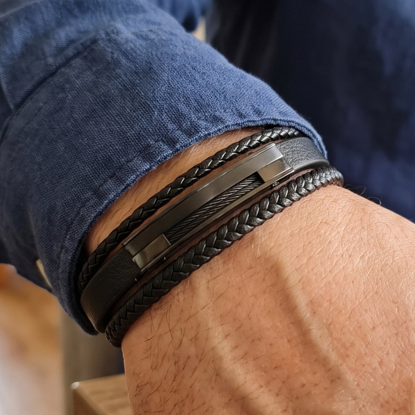 Premium Black Leather Bracelet - B-181 | Men's - Overpowered Accessories