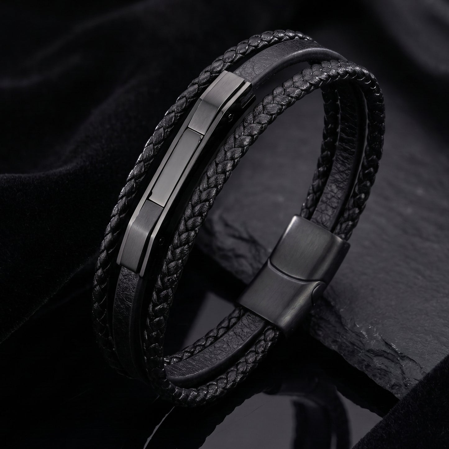 Premium Black Leather Bracelet - B-182 | Men's - Overpowered Accessories