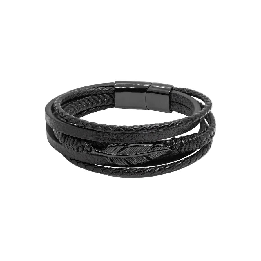 Black Leather & Black Stainless Steel Feather - B-15 Bracelet features braided leather strands with a feather detail and magn