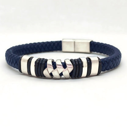 Luxury blue leather and silver stainless steel B-65 bracelet for men by Overpowered Accessories. Stylish braided design.