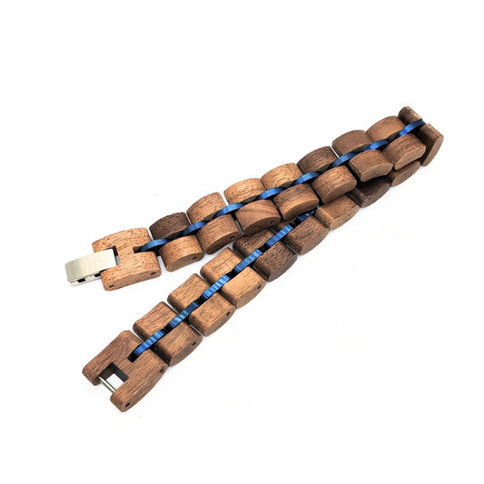 Walnut Wood B-49 Wooden Bracelet by Overpowered Accessories features interlocking wooden links with a blue accent and a metal