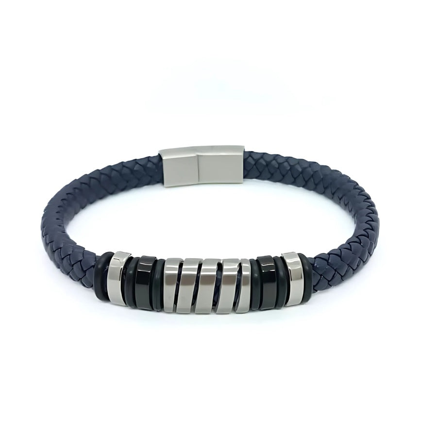 Luxury blue leather and silver stainless steel B-89 bracelet for men by Overpowered Accessories, featuring a braided design a