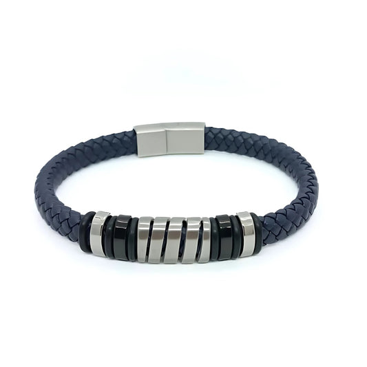 Luxury blue leather and silver stainless steel B-89 bracelet for men by Overpowered Accessories, featuring a braided design a