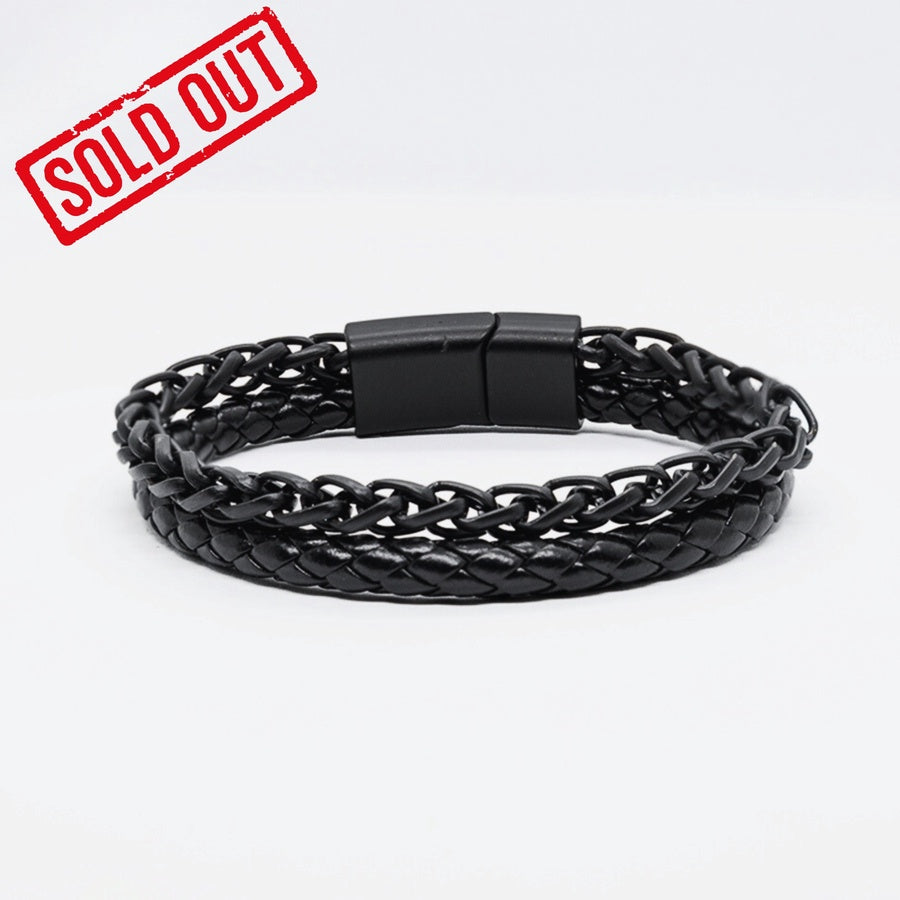 All-Black Luxury Leather & Stainless Steel - B-45 Bracelet | Men's - Overpowered Accessories Egypt