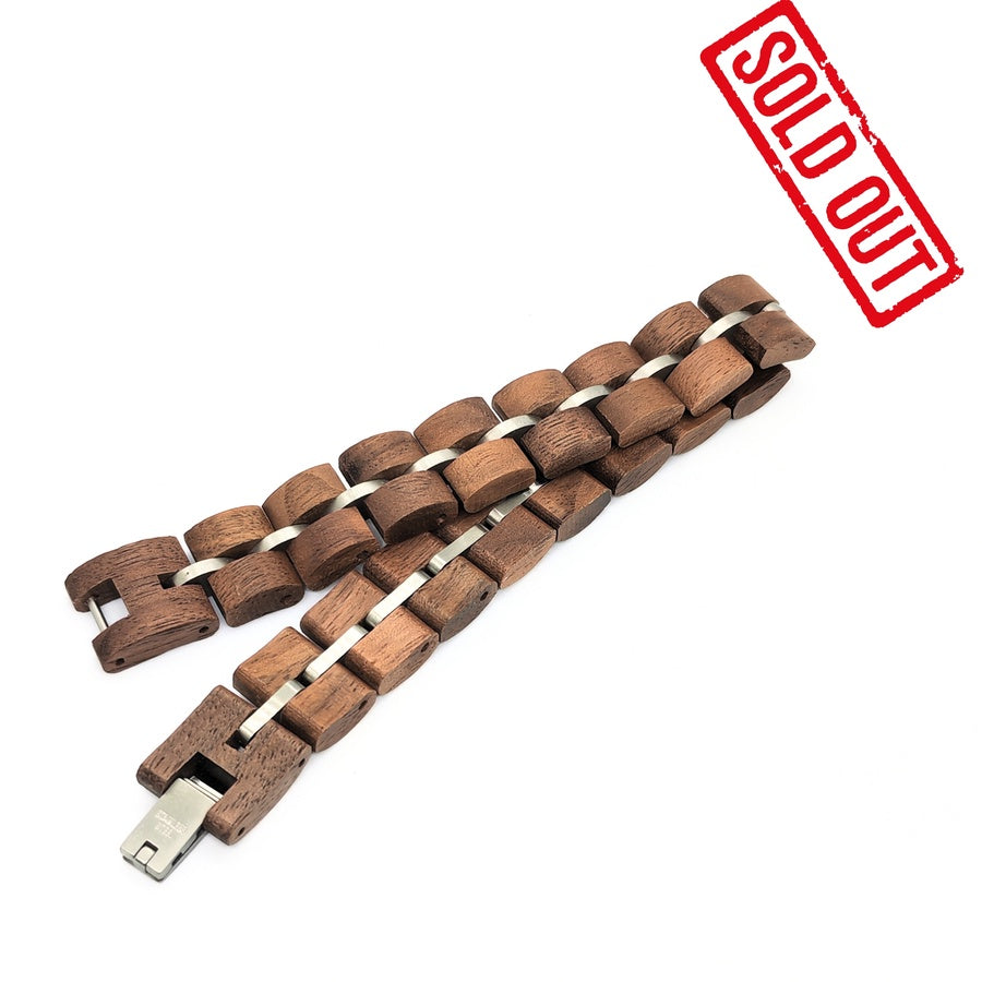 Walnut Wood B-51 Wooden Bracelet by Overpowered Accessories, featuring a sleek design with wooden links and a metal clasp. So
