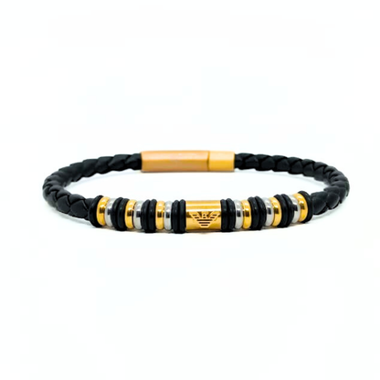 Black Leather Bracelet B-95 features braided leather with silver and gold steel accents, showcasing a stylish and modern desi