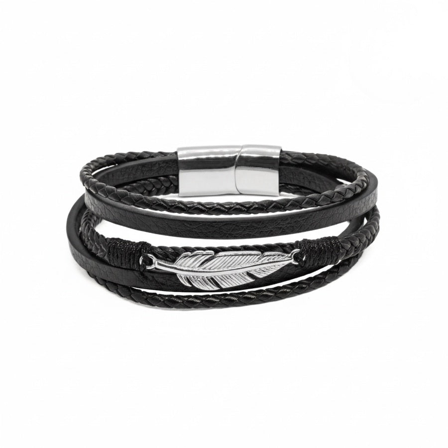 Black Leather & Silver Stainless Steel Feather - B-13 Bracelet | Men's - Overpowered Accessories Egypt