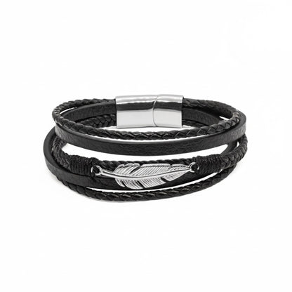 Black Leather & Silver Stainless Steel Feather - B-13 Bracelet | Men's - Overpowered Accessories Egypt
