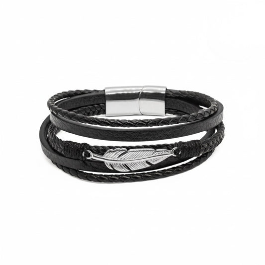 Black Leather & Silver Stainless Steel Feather - B-13 Bracelet | Men's - Overpowered Accessories Egypt