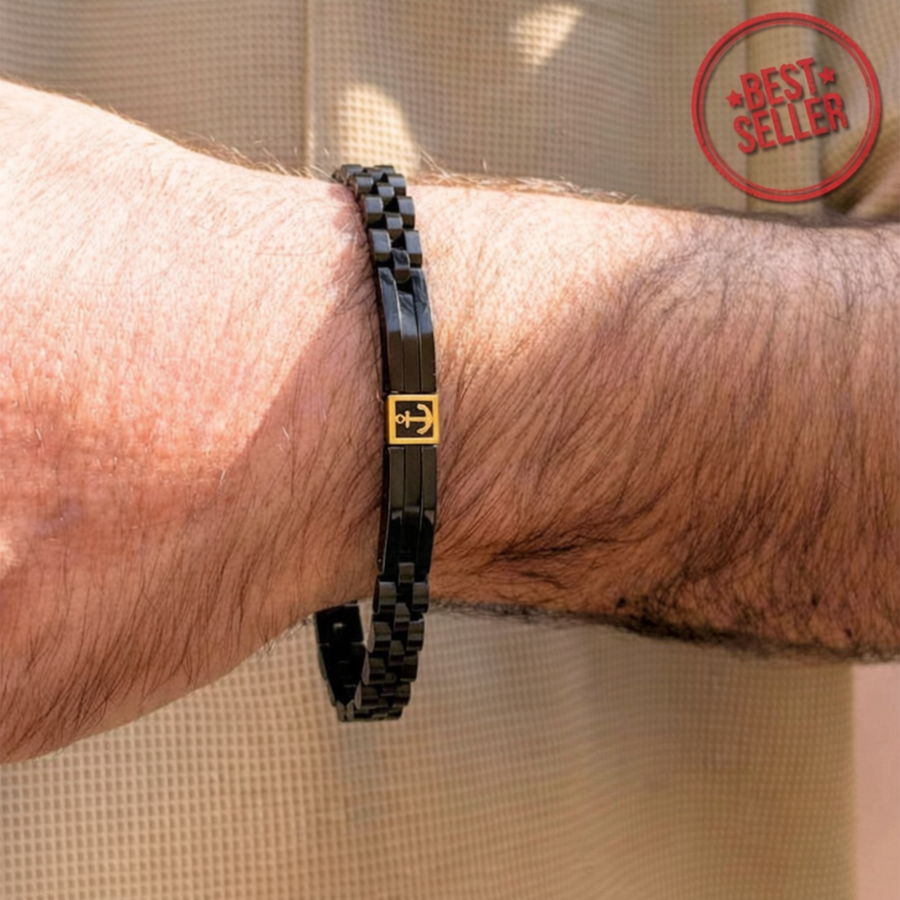 Black Steel & Gold Anchor B-114 | Men's Bracelet - Overpowered Accessories | Egypt