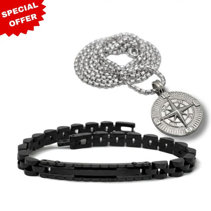 Men's Shadow Navigator Bundle B-116 PN-001 featuring a black bracelet and silver pendant on a chain. Special offer banner inc