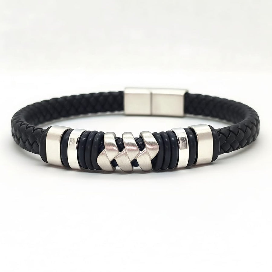 Luxury Black Leather & Silver Stainless Steel - B-118 Bracelet | Men's - Overpowered Accessories Egypt